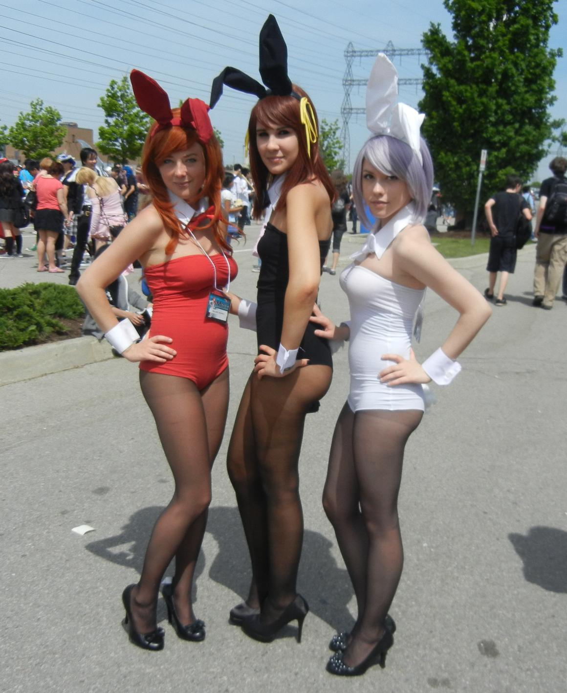 Three Bunny Teen Girls wearing Black Nylon Sheer Pantyhose, Bodysuits and Black High Heels
